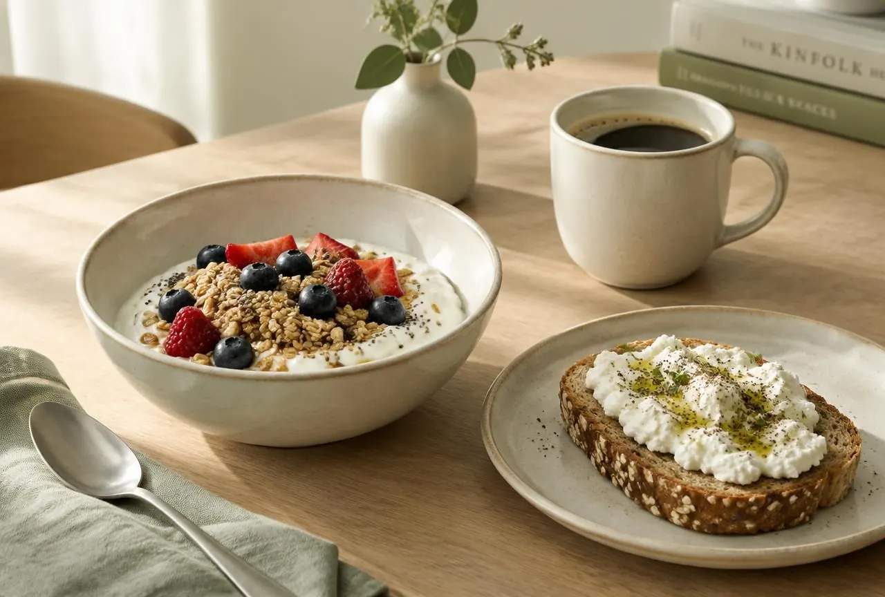 Colazione con yogurt, frutti di bosco, fiocchi d’avena e pane integrale con ricotta