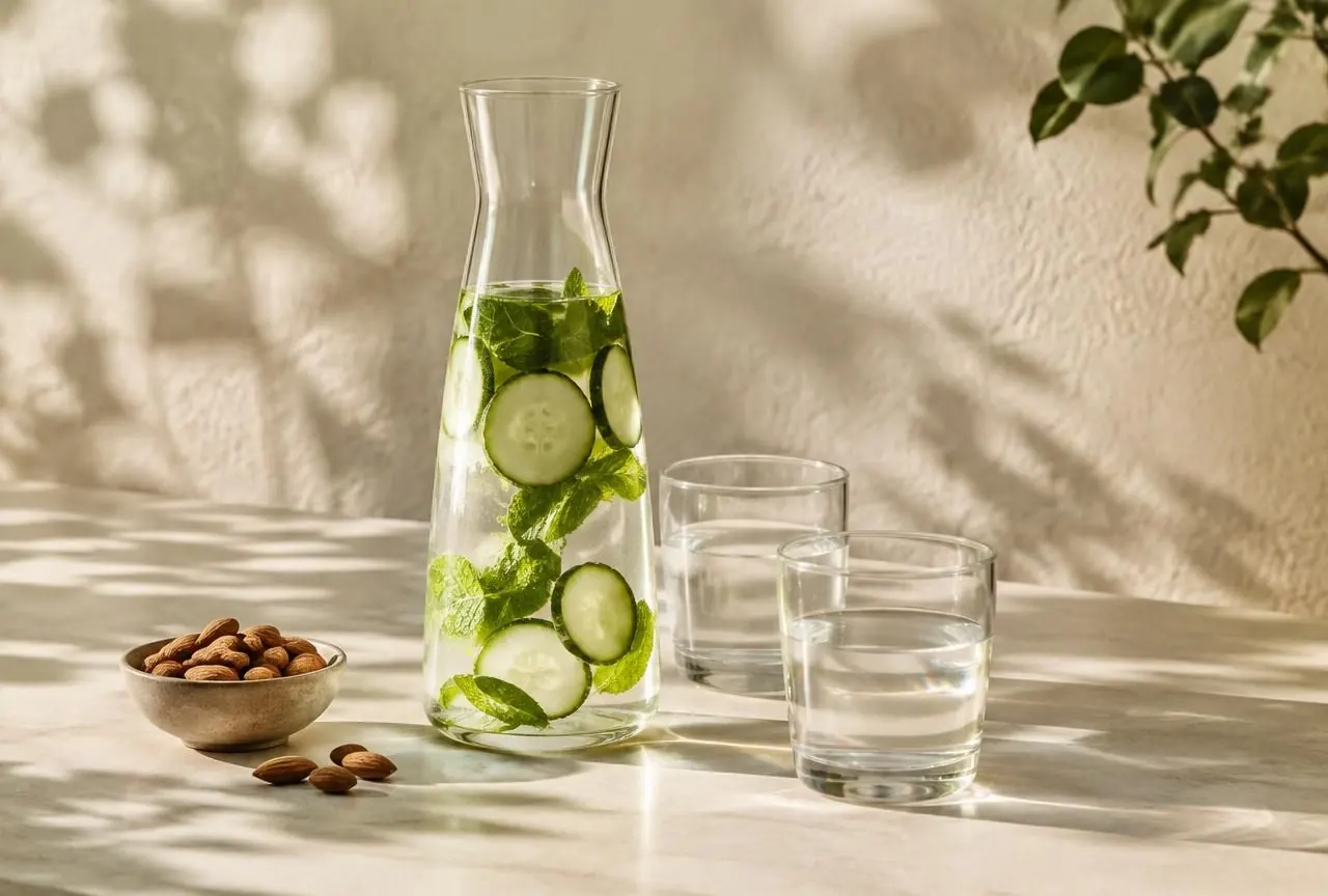 Caraffa d’acqua con cetriolo e menta, bicchieri e mandorle