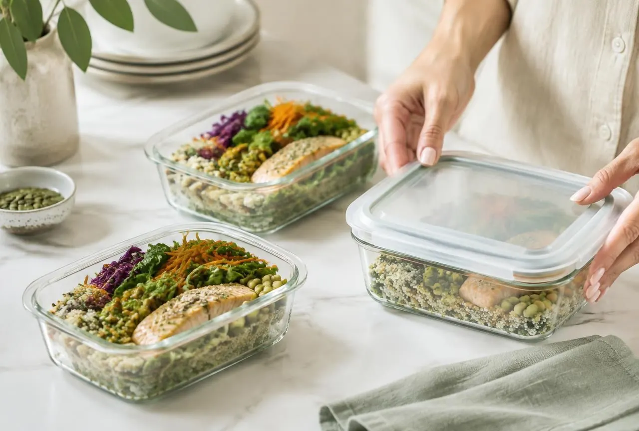 Contenitori in vetro con pranzi bilanciati a base di quinoa, salmone e verdure