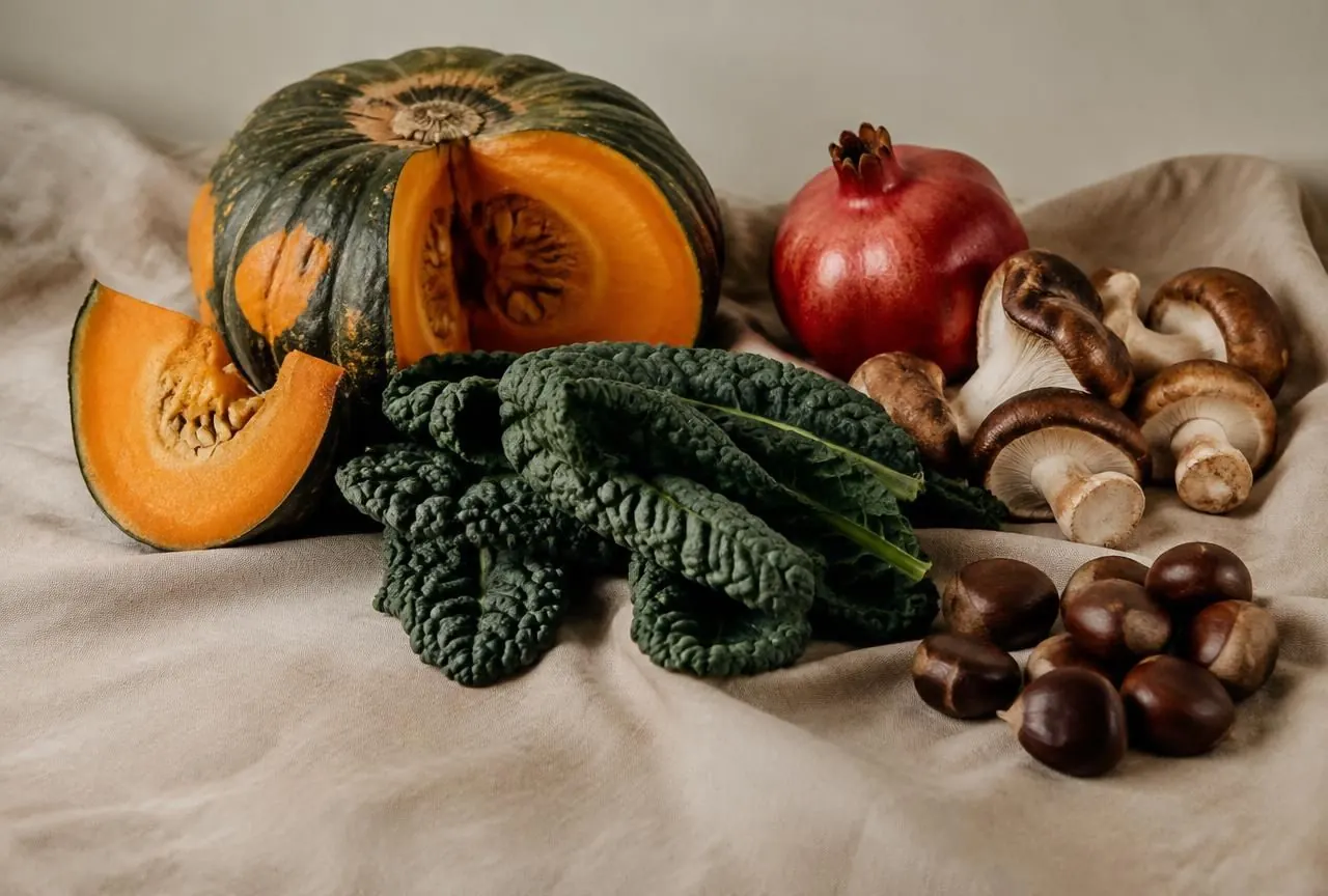 Zucca, cavolo nero, funghi, castagne e melograno su tessuto di lino