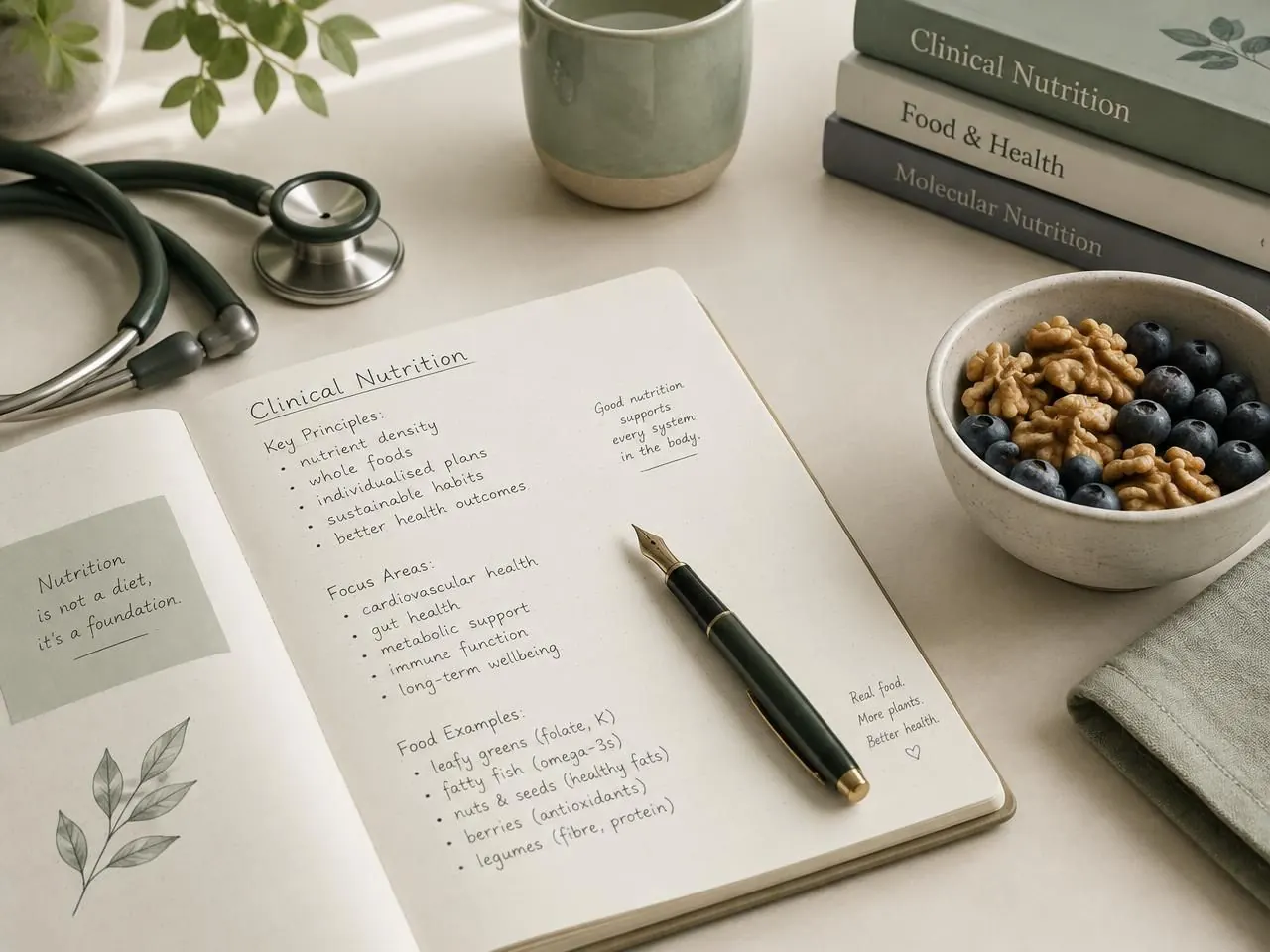 Quaderno con appunti di nutrizione clinica, penna e frutta secca