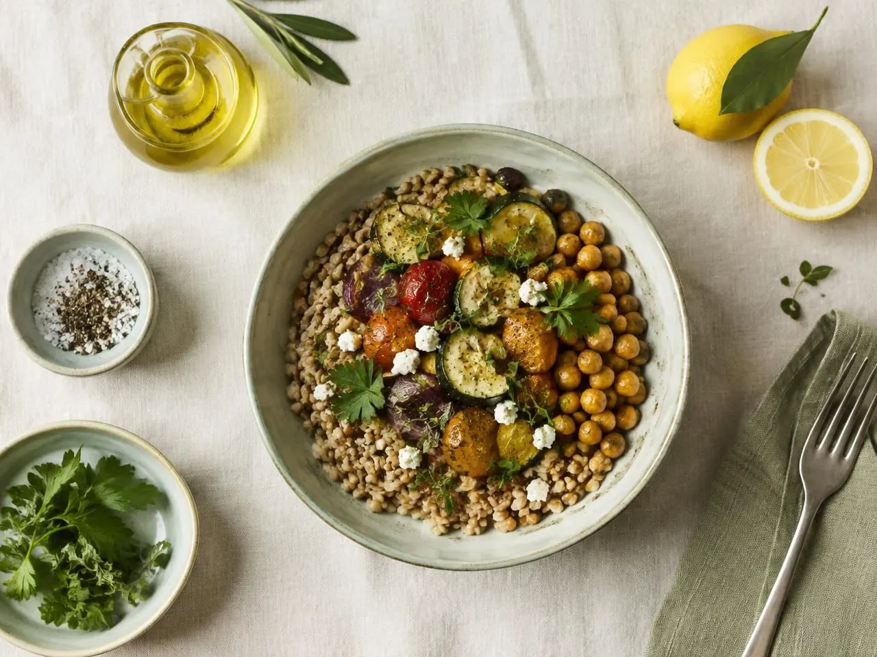 Piatto mediterraneo bilanciato con farro, verdure e ceci